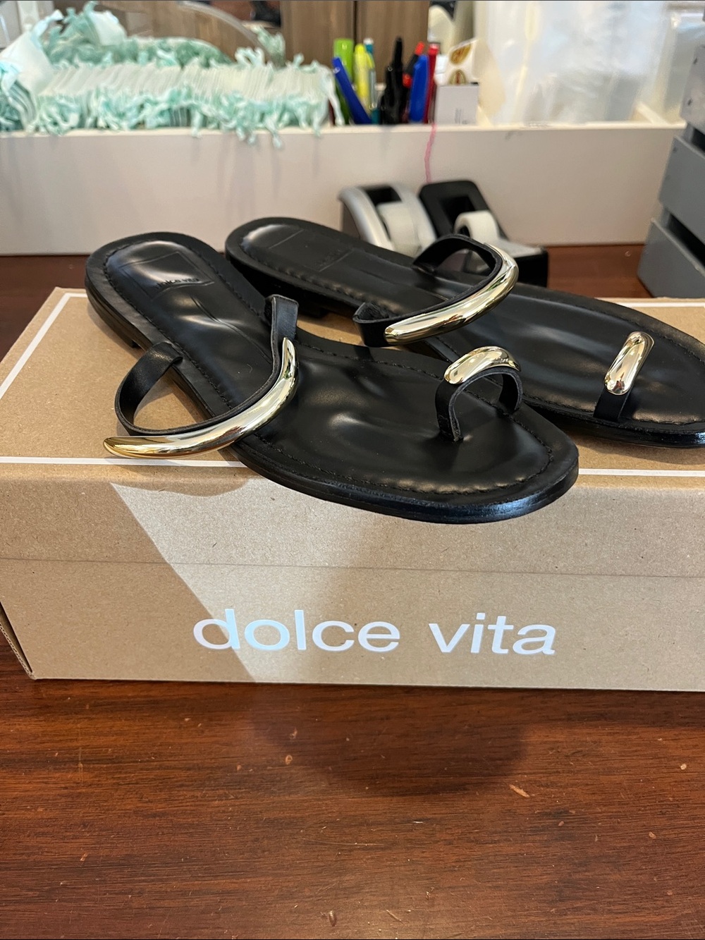 Dolce Vita Black Leather Slide Sandals with Gold Accents